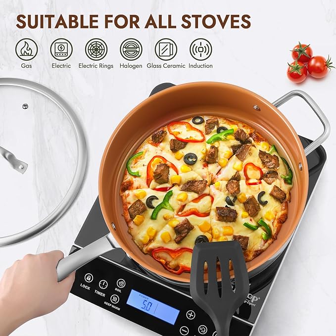 duxtop pro Ceramic Saute Pan with Lid, 5.5QT Nonstick Frying Pan without PFAS, PTFE, or PFOA, Stainless Steel Base Deep Skillet for All Cooktops, Oven & Dishwasher Compatible