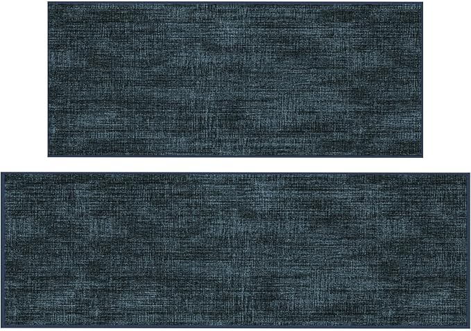 Ottomanson 2-Piece Kitchen Rug Set - Non Slip Runner & Washable Mat - 1'11" x 4' + 1'11"' x 5' - Durable, Stain Resistant for Entryway, Bedroom and Bathroom, Solid Charcoal Navy