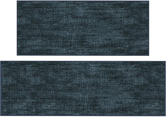 Ottomanson 2-Piece Kitchen Rug Set - Non Slip Runner & Washable Mat - 1'11" x 4' + 1'11"' x 5' - Durable, Stain Resistant for Entryway, Bedroom and Bathroom, Solid Charcoal Navy