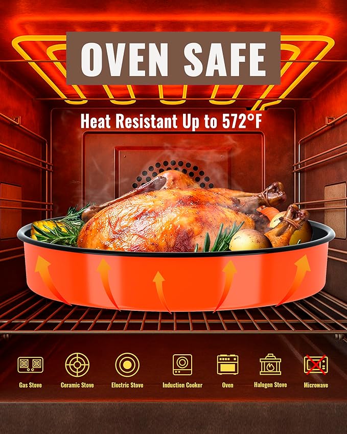 MCCSI Round Roasting Pan Set Bakeware 4 Pack Baking Cake Pans Enamel Casserole Dish 9/10/12/14 Inch Non-Stick Chicken Roaster Oven Dishwasher Safe Mother's Christmas Gift Cookware (Orange)