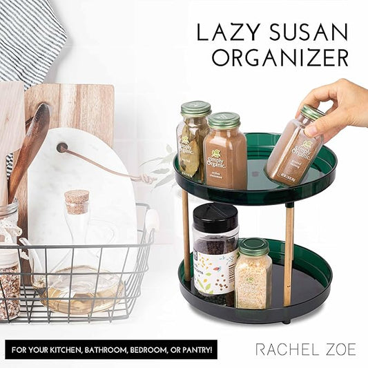 Rachel Zoe 2 Tier Lazy Susan Organizer, Wood Two Tier Lazy Susan Turntable, 360° Spin Tray Organizer, Pantry Spice Organizer for Kitchen, Rotating Bathroom Counter Organizer