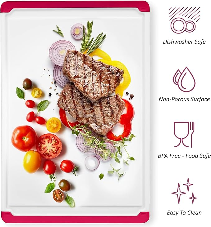 Large Kitchen Plastic Cutting Board - Dishwasher Safe Non-Slip Cutting Boards with Juice Grooves, Easy Grip Handles - Large and Thick Chopping Board Red