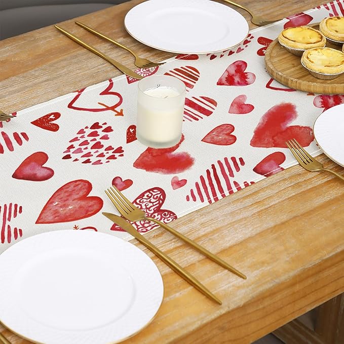 Valentine's Day Table Runner Decorations, Linen Red Table Scarf for Home Kitchen Dining Table Decoration Valentine Party Heart Shaped Decor Holiday Farmhouse Rustic Table Runner（13 x 72 Inch）
