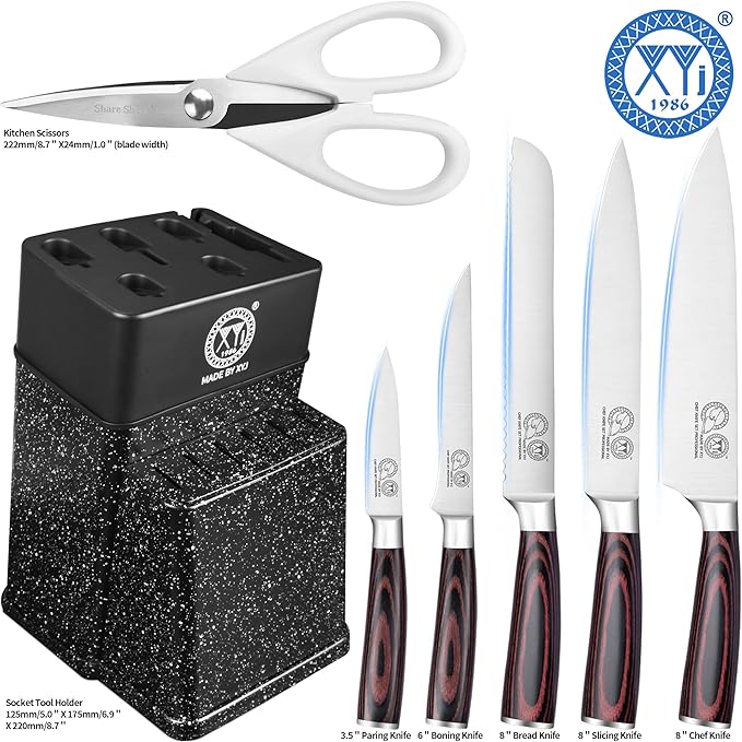 XYJ Professional Knife Set With Block, Scissors, Kitchen Knife Block Set, Stainless Steel Japanese Paring Boning Slicing Bread Chef Knives Set, Wood Handle