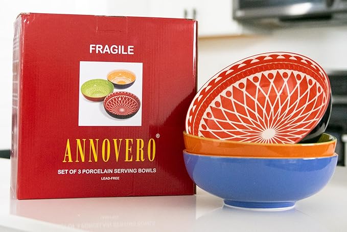 Annovero Serving Bowls - Large Big Bowl for Mixing, Salad, Pasta, Mashed Potato, Chips - Colorful & Decorative for Parties & Entertaining - Microwave, Oven Safe - No Lead & Cadmium - 72 Oz - Set of 3