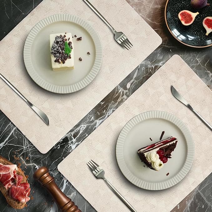 Jovono Faux Leather Placemats Set of 6, 17.8"x11.8", Waterproof & Oil-Proof Table Mats, Easy-Clean Washable Kitchen Place Mats for Dining Table, Fabric Texture, Beige Mat