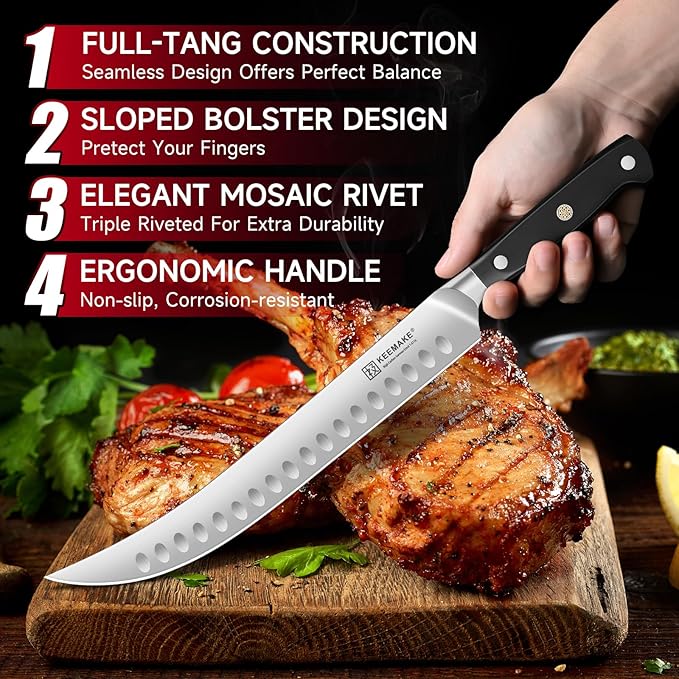 KEEMAKE Butcher Knife 10 Inch, Carving Knife for Meat Brisket Slicing Knife Professional Razor Sharp German Steel with Full Tang Design Ergonomic Handle for Meat, BBQ, Gift Box Included
