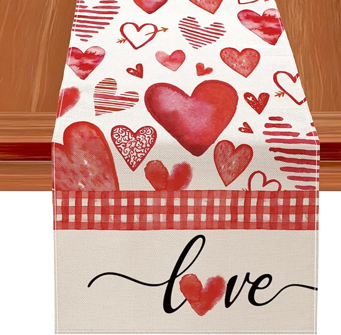 Valentine's Day Table Runner Decorations, Linen Red Table Scarf for Home Kitchen Dining Table Decoration Valentine Party Heart Shaped Decor Holiday Farmhouse Rustic Table Runner（13 x 72 Inch）