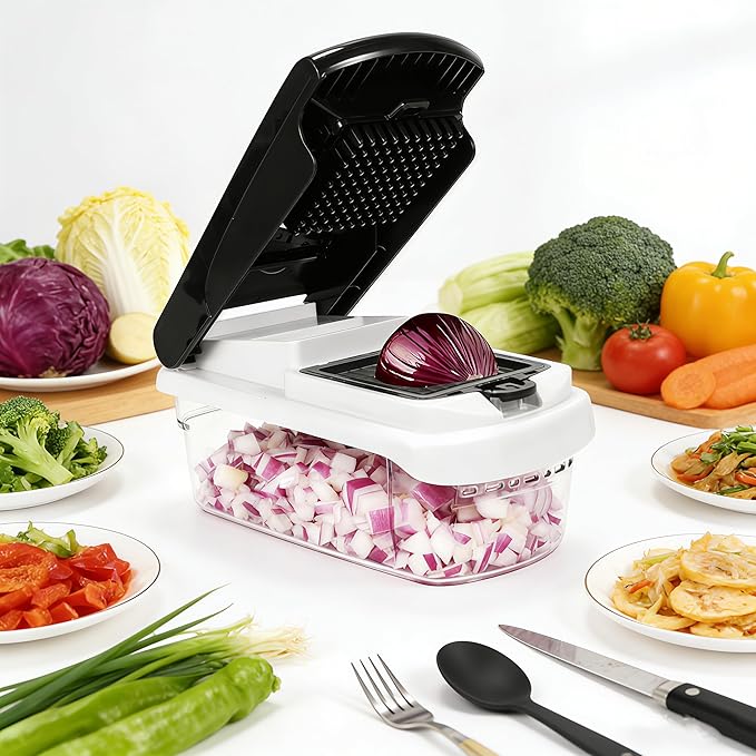 Multifunctional Mandoline Slicer with 7 Blades, Vegetable Chopper Food Cutter with Container, Onion Dicer Potato Grater Salad Prep Tool, Stainless Steel Kitchen Gadgets for Veggie Fruit (Black)