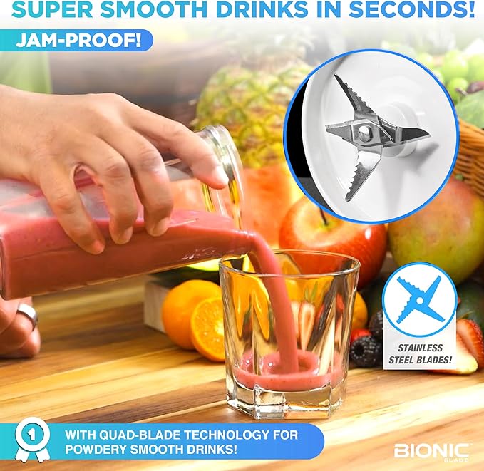 Bionic Blade Personal Blender 26.5 oz, with Extra Shaker and Lid, Cordless, Air Tight, Rechargeable 18,000 RPM Portable Blender for Shakes, Smoothies, Juice and Sauces 8.6”