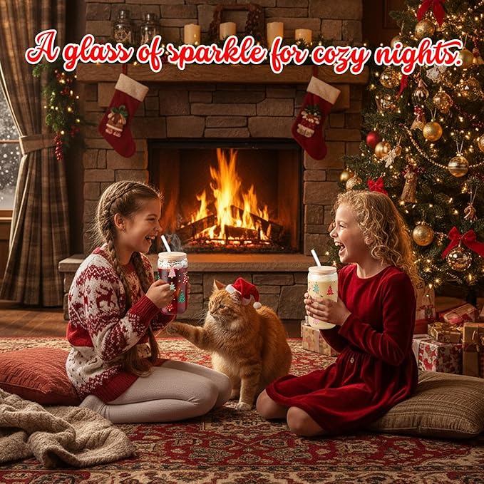 Sliner 2 Pcs Christmas Tree Glass Cups Xmas Winter Tumbler with Lid Straw Drinking Glasses 16 oz Iced Coffee Cup with Cleaning Brush Beer Can Tumbler Cute Holiday Gifts for Home Office Decorations