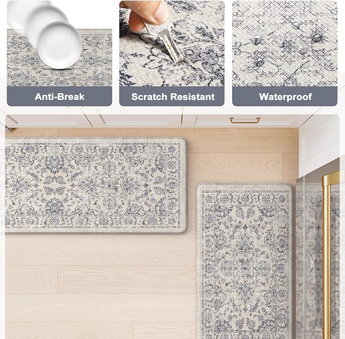 KIMODE Anti Fatigue Kitchen Mats for Floor, Boho Floral Kitchen Rugs 17"x29.5"+17" x47”, Cushioned Mats for Kitchen Floor, Non Slip Kitchen Floor Mats, Sink, Laundry, Office, Desk Blue Multi