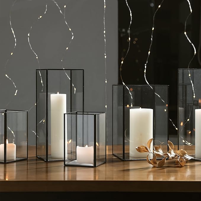 Set of 3 Square Glass Hurricane Candle Holders, Clear Glass Framed in Black-finish Brass , Great for Home Decor and Wedding,Holiday Decor.