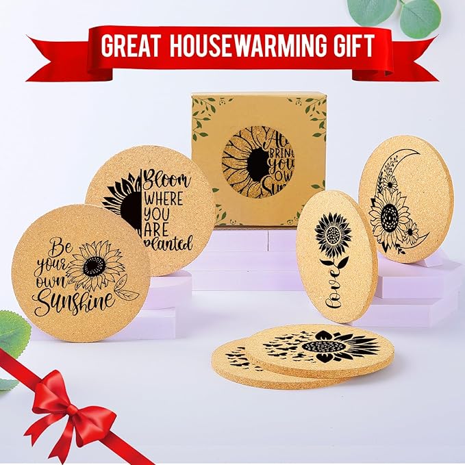 Coasters for Drinks with Holder Set of 6, Sunflower Absorbent Cork Wood Coaster for House Warming Gifts New Home Couples for Cup Desk Table Office Kitchen Decor, Round 4"