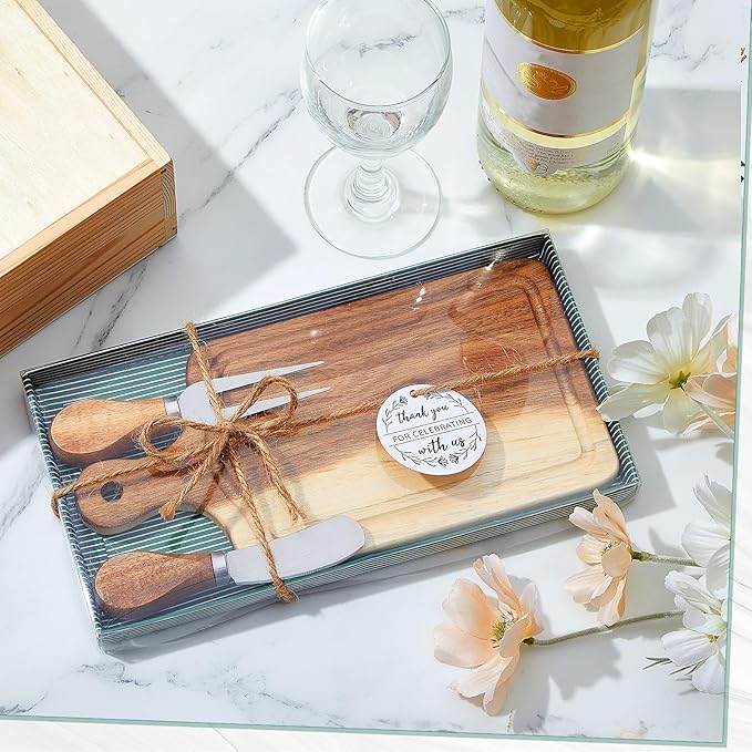 Ziliny 24 Set Bridal Baby Shower Cheese Prizes Wooden Square Board Gift Set Knives Forks Thank You Tags with Box for Guests for Valentines Bridal Baby Shower Housewarming Gifts (Acacia Color)