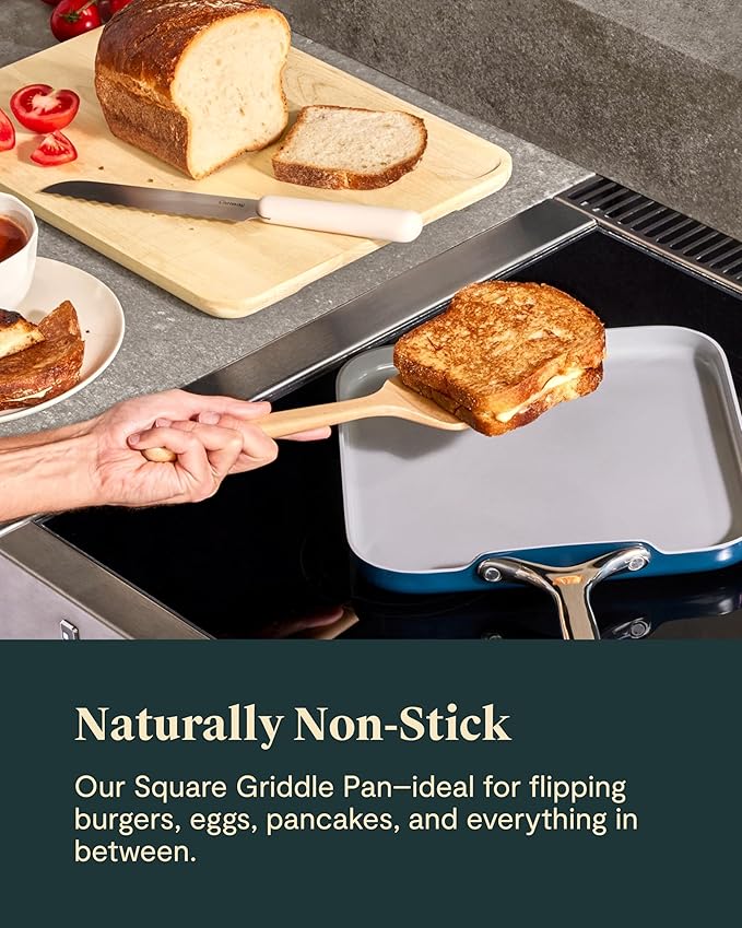 Caraway Square Griddle Pan - 11” Square Pan - Non-Stick Ceramic Coated - Non Toxic, PTFE & PFOA Free - Oven Safe & Compatible with All Stovetops - Gray