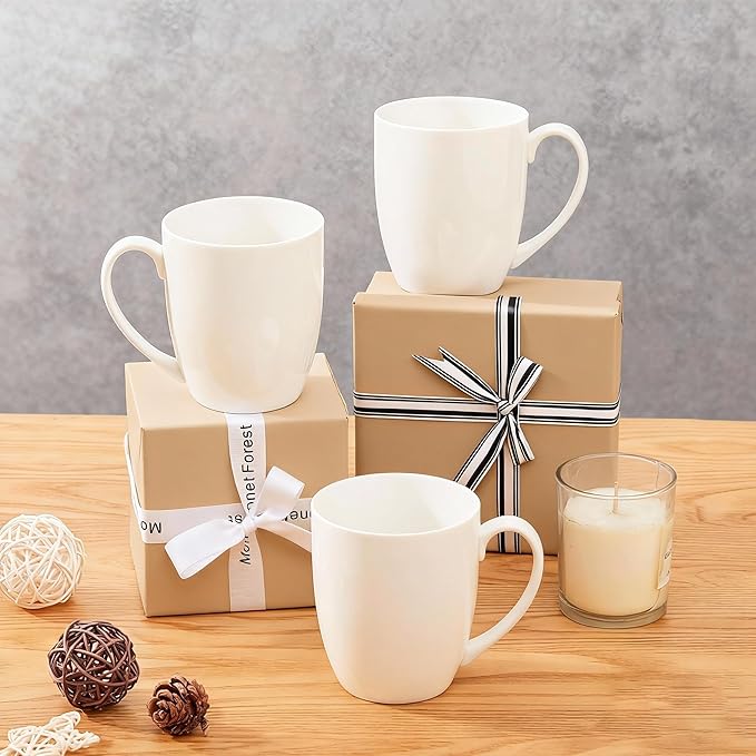 AntoKueh 16OZ White Ceramic Coffee Mugs, Porcelain Mugs Set of 6 with handle for hot cocoa, tea, milk, Cappuccino, Microwave Safe