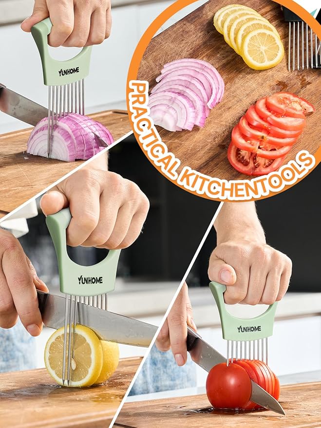 Onion Slicer Holder, Stainless Steel Onion Holder for Slicing, Onion Cutter Vegetable Chopper for Slicing of Lemon Avocado & Meat, Kitchen Utensils Gadget for Slices, Kitchen Assistant Tool for Fruit