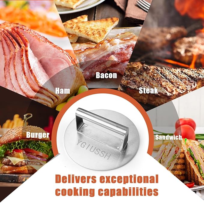 8.7 Inch Heavy-Duty Grill Press Stainless Steel Bacon Press Round Non-Stick Hamburger Press Weight Burger Smasher for Perfectly Seared Bacon Steak & Sandwiches