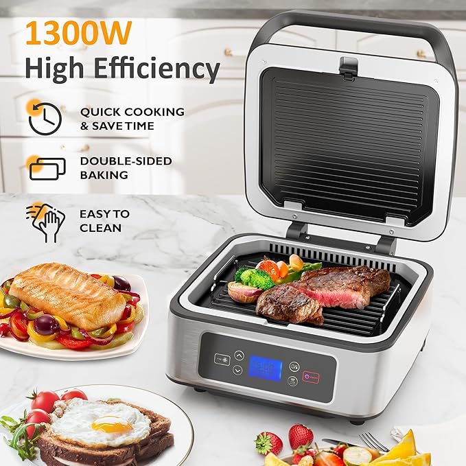 Electric Panini Press Sandwich Maker, 1300W Smokeless Indoor Grill with Removable Non-Stick Plates, Auto-Lift, Fan, Independent Upper Heating, Smart Time & Temperature Control, Silver