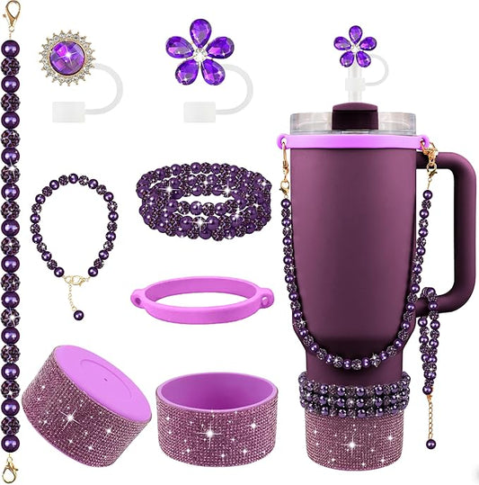 9PCS Dark Purple of Stanley Cup Accessories 30/40 OZ Bling Pearl Rhinestones Charms for Stanley Decorations Tumbler Accessories Including Flower Straw Topper, Rhinestones Boot 30/40 OZ