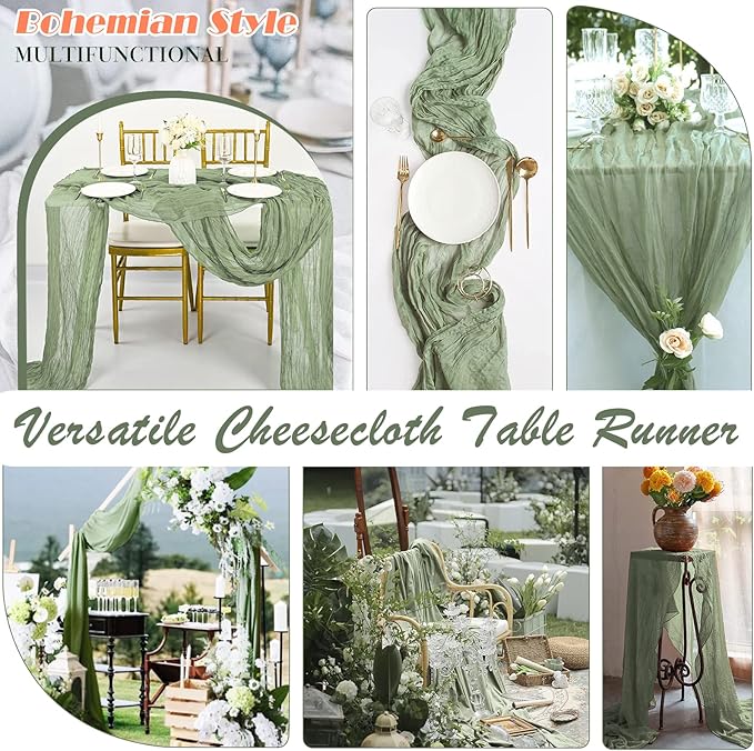 Sage Green Cheesecloth Table Runner 1 Pack 35" Boho Gauze Table Runner 120 inches Long Runner Rustic Sheer Fabric Bulk for Baby Shower Wedding Bridal Birthday Party Table Decorations