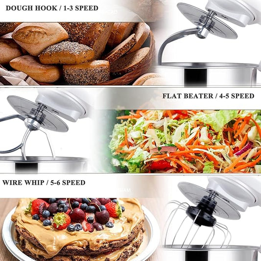 MURENKING Stand Mixer 5-QT, 6+P Speed Tilt-Head Food Mixer 300W Dough Mixer with Stainless Steel Bowl,Dough Hook,Flat Beater&Whisk Electric Kitchen Mixer for Household Baking, Anti-Slip(Pearl White)