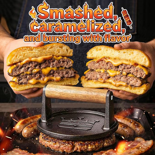 Smash Burger Press 6.5”, Flat Round Edge Cast Iron Grill/Bacon/Meat/Hamburger/Chef Press with Wood Handle, 1.74lb Burger Press Patty Maker for Griddles & Pans, Nonstick Hamburger Smasher Tool for BBQ