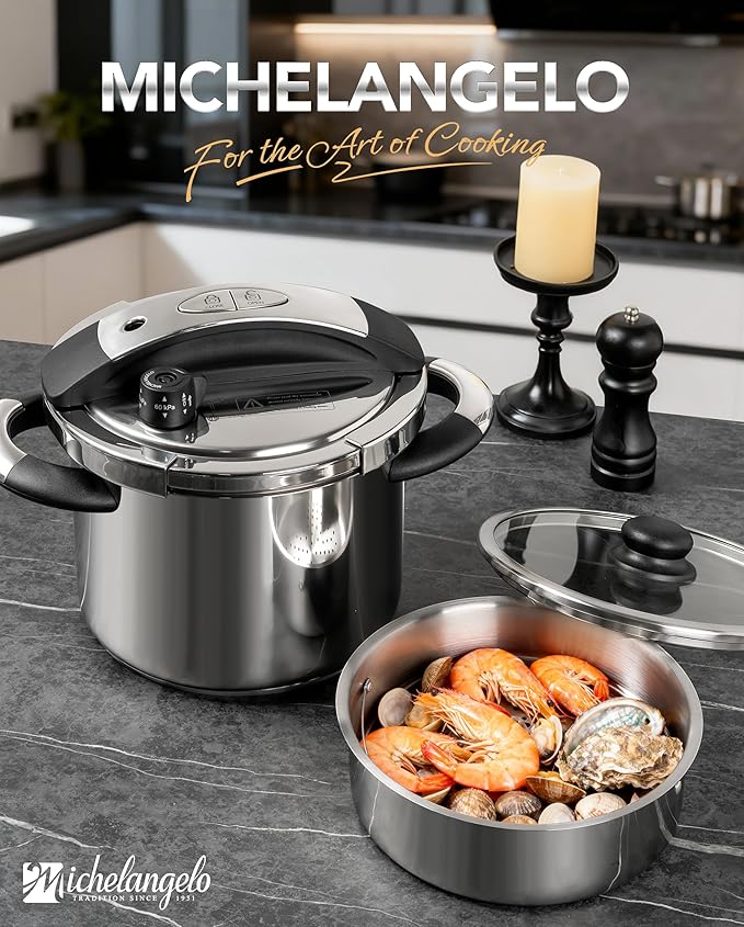 MICHELANGELO Stainless Steel Pressure Cooker 6.3 Quart, 3-in-1 Olla de Presion, One-Hand Locking System, Induction Compatible, with Glass Lid & Steamer