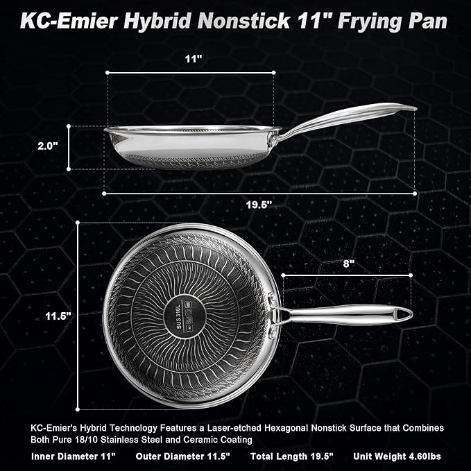 KC-Emier 11 Inch Non-Stick Frying Pan Tri-Ply Stainless Steel Pan with Stay-Cool Handle Oven & Dishwasher Safe For Induction, Ceramic & Gas Stovetops