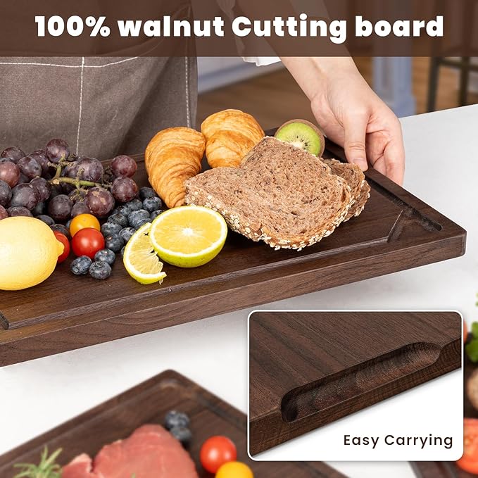 Heimlove Walnut Wood Cutting Board for Kitchen, Reversible Wooden Chopping Board with Deep Juice Grooves and Handles, Natural Walnut Wood Cutting Board for Chopping, Cheese, Vegetables (12"x8")