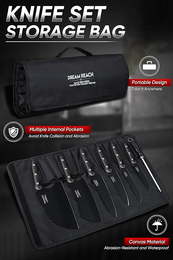 Dream Reach Chef Knife Set - 6PCS Hand Forged Black Butcher Knife Set for Meat Cutting, Serbian Cleavers with A Roll Bag for Kitchen Camping BBQ Outdoor, Birthday Mother Father Gift Idea