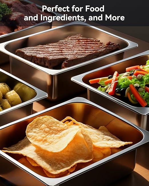 ZeroPone 6 Pack Hotel Pans, Full Size 6" Deep Stainless Steel Steam Table Pan, 20.8" L x 12.8" W 22 Gauge Metal Commercial Catering Food Pans Anti Jam Food Storage Containers