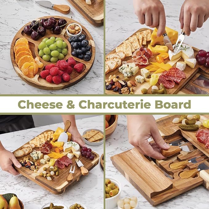 OOZi Charcuterie Board Set – Stainless Cheese Knives & Fruit Tray Included, Ideal for Birthday, Wine Nights, Housewarming & Christmas Gifts