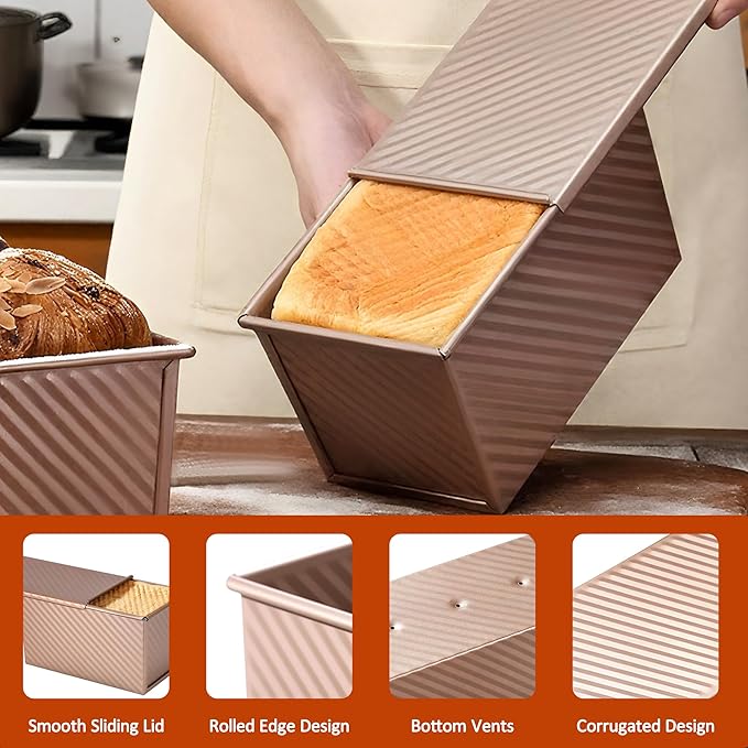 2 Pack Pullman Loaf Pan with Lid, 1 lb Dough Capacity Non-Stick Bakeware for Baking Bread, Carbon Steel Bread Toast Box with Cover, Homemade Sandwich Toast, Gold