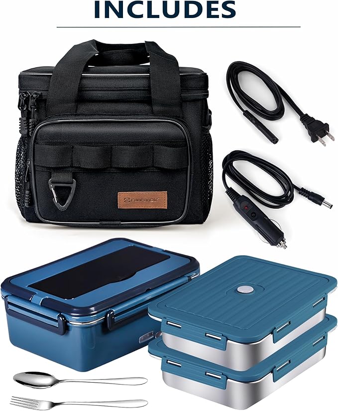 Electric Lunch Box Food Heater 80W Heated LunchBoxes for Adults Work/Car/Truck/Home, 1.8L Portable Food Warmer Heating Lunchbox with Insulated Lunch Bag 12V 24V 110V