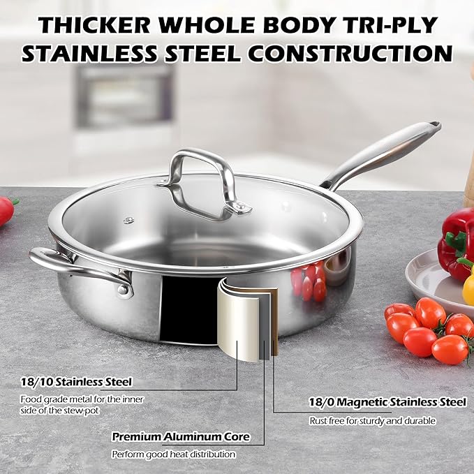 E-far 12 Inch Deep Frying Pan with Lid, 6 Quart Tri-Ply Stainless Steel Saute Pan, Kitchen Skillet, Healthy Non-toxic Cooking Pan for Induction Ceramic Gas Stoves, Heavy Duty, Oven & Dishwasher Safe