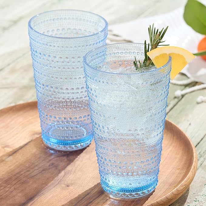 Santa Fe Blue Set of 6 Premium Acrylic Ice Tea Glass 22 oz – Unbreakable Drinkware with Textured Bubble Design, Shatterproof Tumblers for Indoor & Outdoor Use