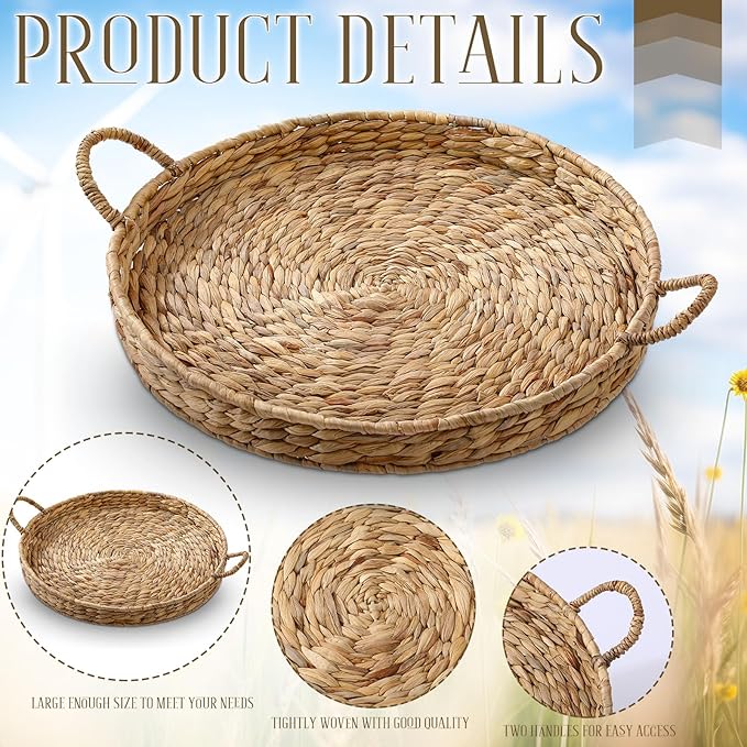 Round Woven Hyacinth Serving Tray with Handles Rattan Decorative Storage Basket for Fruit Arts Crafts Breakfast Coffee Table Dining, 1.97 x 21.65 Inches