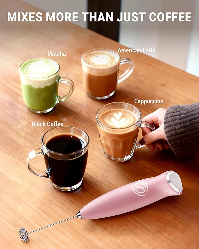 HeyLotie Milk Frother With Stand Handheld Frother Wand Drink Mixer Handheld Coffee Stirrers Electric Frother for Coffee Mixer Wand with 2 Whisk frother for protein powder-Pink