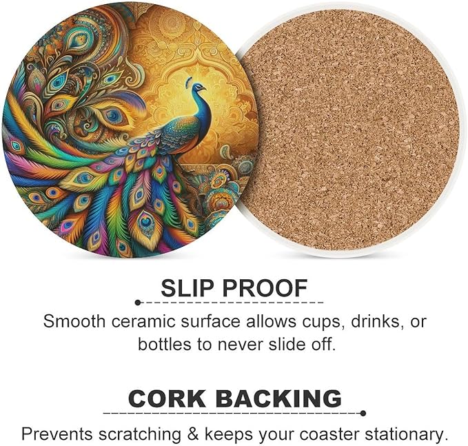 Peacock Drink Coasters, Round Ceramic Drink Coaster Round-4PCS, Beautiful Colorful Floral Peacock Boho Art Pattren Decor Absorbent Ceramic Coasters for Beverage Cup, Bar, Coffee Table