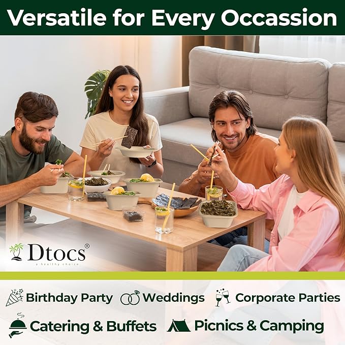 Dtocs Bamboo Fiber Disposable Bowls – 32 Oz, 50 Pk | Bamboo Square Bowl | Microwavable Bagasse Bowl like Soup, Cake, Salsa, Salad bowls | Disposable Dinnerware Sub Paper, Plastic, Styrofoam, Leaf