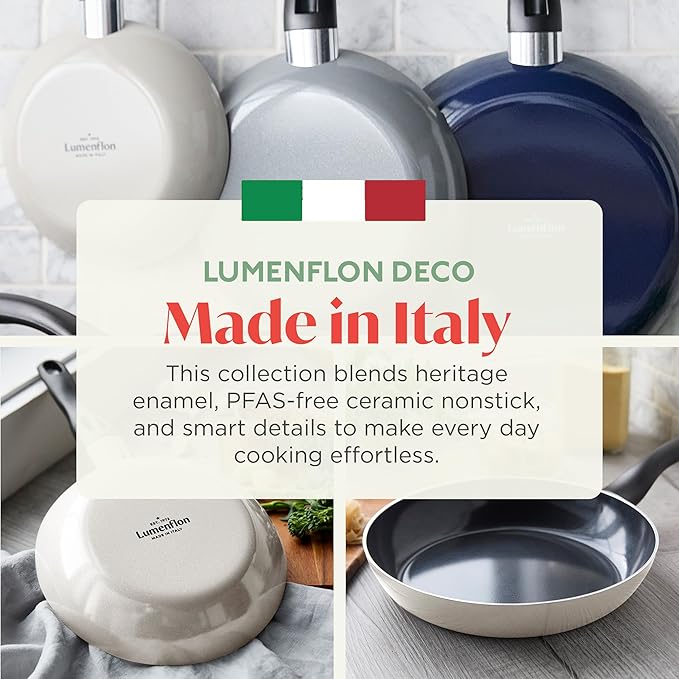 Lumenflon Deco 11” Nonstick Frying Pan Skillet, Made in Italy, Diamond Ceramic PFAS-Free, Dishwasher & Metal Utensil Safe, Durable Gloss Enamel Finish, Stay-Cool Handle, High Walls-Extra Room, Taupe