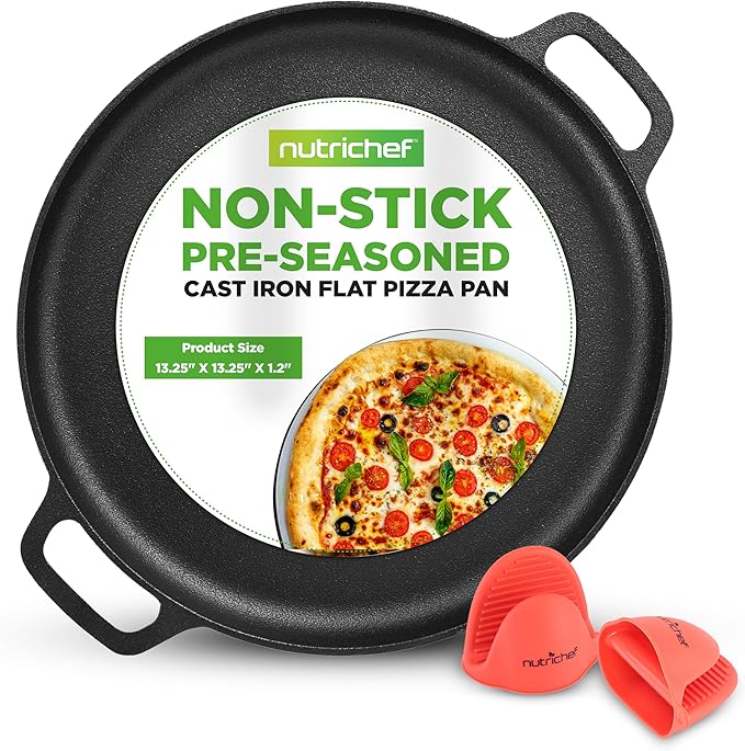 NutriChef 13-Inch Flat Cast Iron Pizza Pan - Versatile Pre-Seasoned Round Cooking Griddle w/Built-In Handles for Oven, Grill, Stove, and Campfires - Includes 2 Heat Safe Silicone Grips