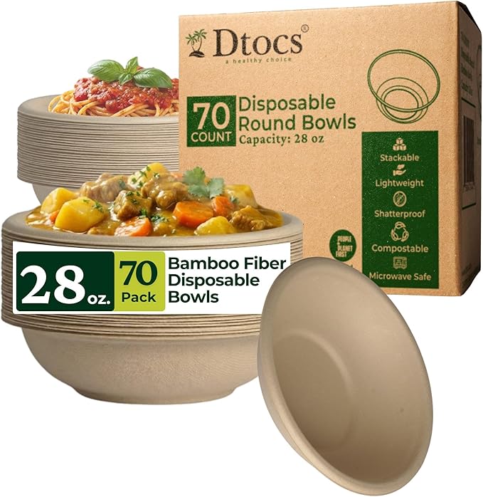 Dtocs Bamboo Fiber Disposable Bowls – 28 Oz, 70 Pk | Eco Friendly Large Bowl | Microwave Safe Bagasse Bowl for Soup, Dessert, Salad bowls | Disposable Dinnerware Alt to Paper, Plastic