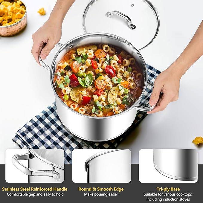 Homikit 16 Quart Stainless Steel Stock Pot, Large Sauce Soup Pot with Lid & Handles, Heavy Duty Cookware for Canning Steaming Simmering, Induction Stockpot Compatible All Cooktops, Dishwasher Safe