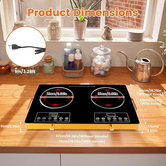 7000W Double Ceramic Electric Hot Plate Countertop Stove Double Burner Infrared Cooktop with 11 Power Levels 0-4H Timer Portable Handle LED Display for Kitchen Camping (Black)