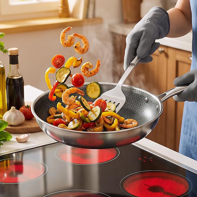 KC-Emier 8 Inch Non-Stick Frying Pan Tri-Ply Stainless Steel Pan with Stay-Cool Handle Oven & Dishwasher Safe For Induction, Ceramic & Gas Stovetops