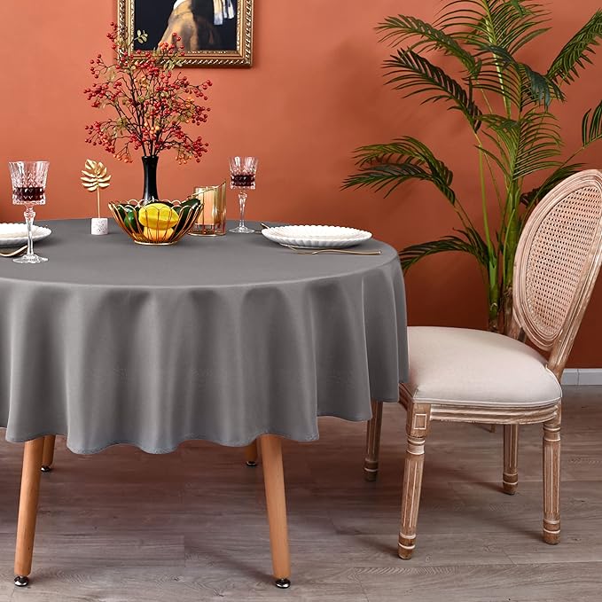 MEANMOY Grey 210 GSM Water & Stain Resistant Round Tablecloth for Circle Table - Solid 90 Inch Table Cloth Cover in Wrinkle Free Durable Washable Polyester Fabric for Wedding, Party, Banquet