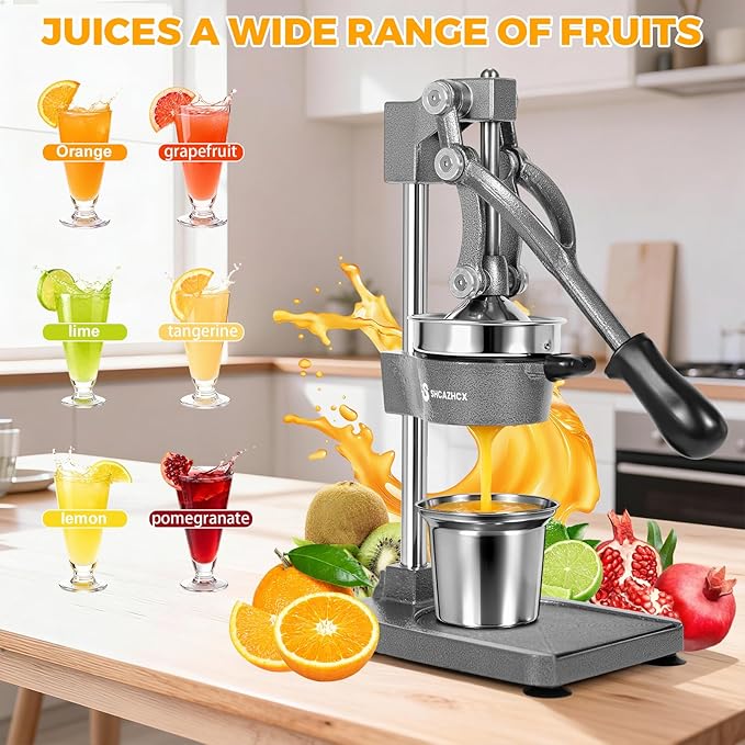 Cast-Iron Hand Press Citrus Juicer, Heavy-Duty Fruit Squeezer with Stainless Steel Cup, Easy-to-Clean Manual Citrus Press for Orange, Lemon, Lime, Grapefruit & Pomegranate (Silver)